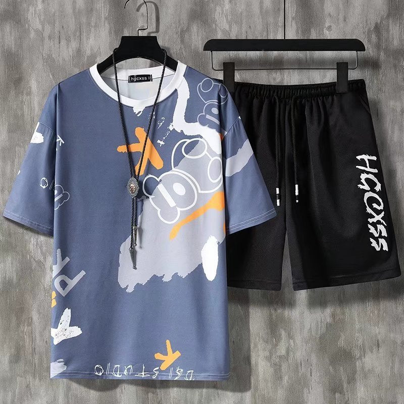 Summer Ice Silk  Men's Short Sleeve Shorts Suit