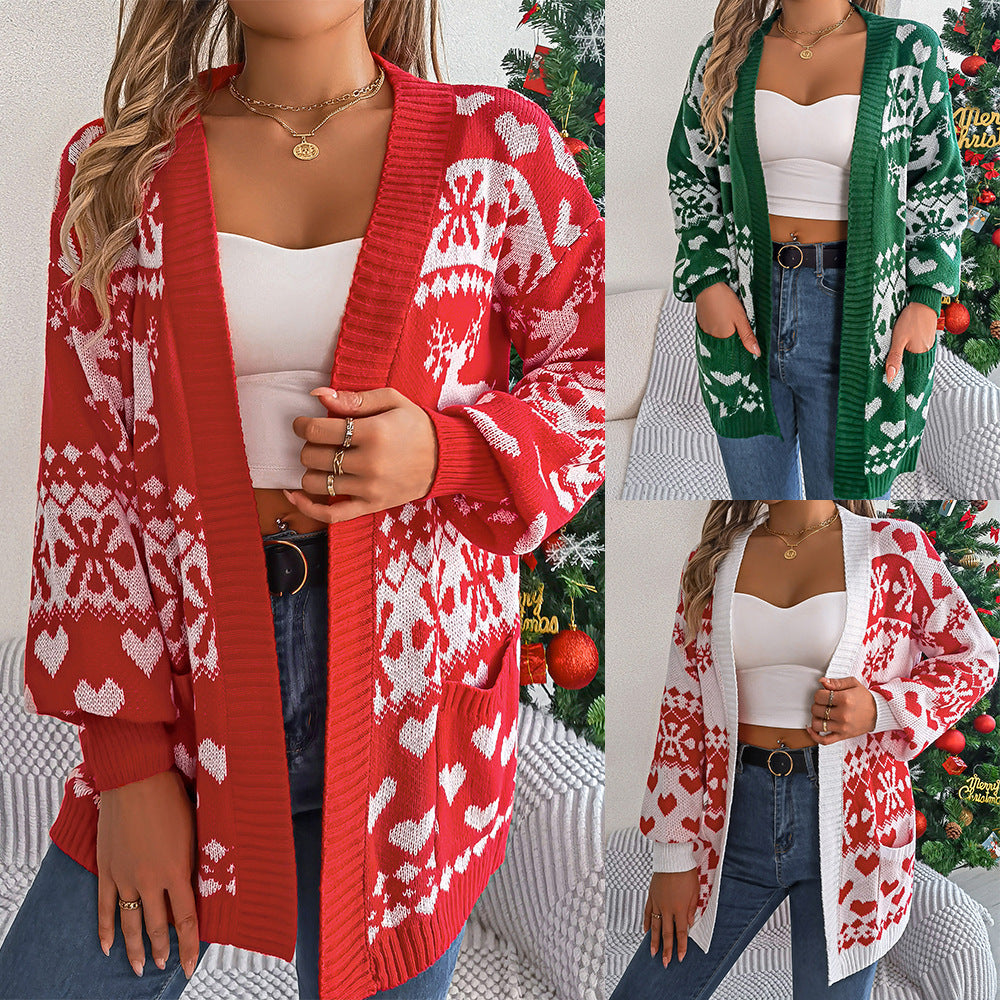 Christmas Deer Pocket Long-sleeve Cardigan Sweater Coat