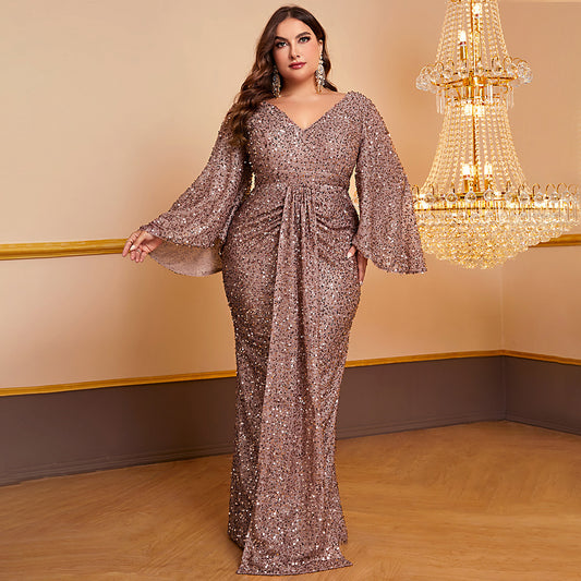 Women's Sequin Long Sleeved V-neck Pleated Dress