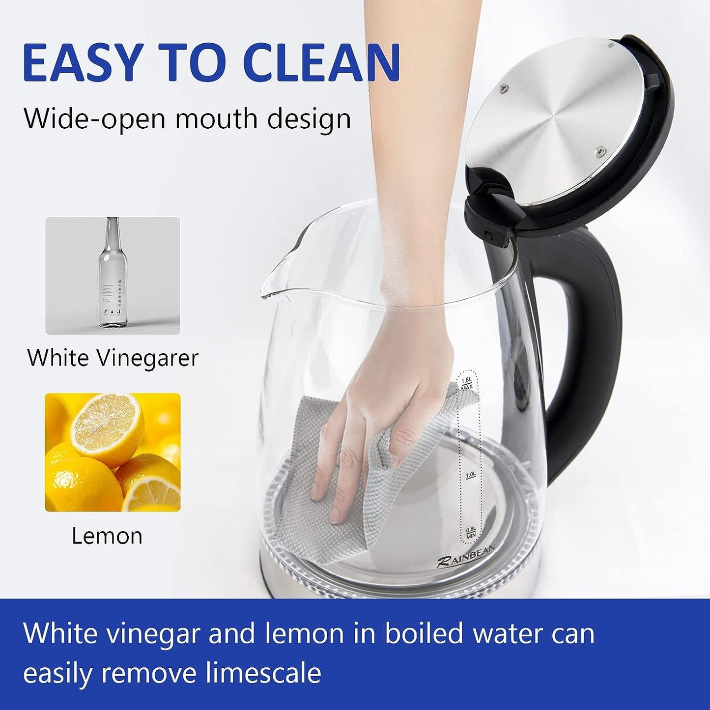 Electric Kettle Water Boiler, 1.8L Electric Tea Kettle, Wide Opening Hot Water Boiler With LED Light, Auto Shut-Off & Boil Dry Protection, Glass Black