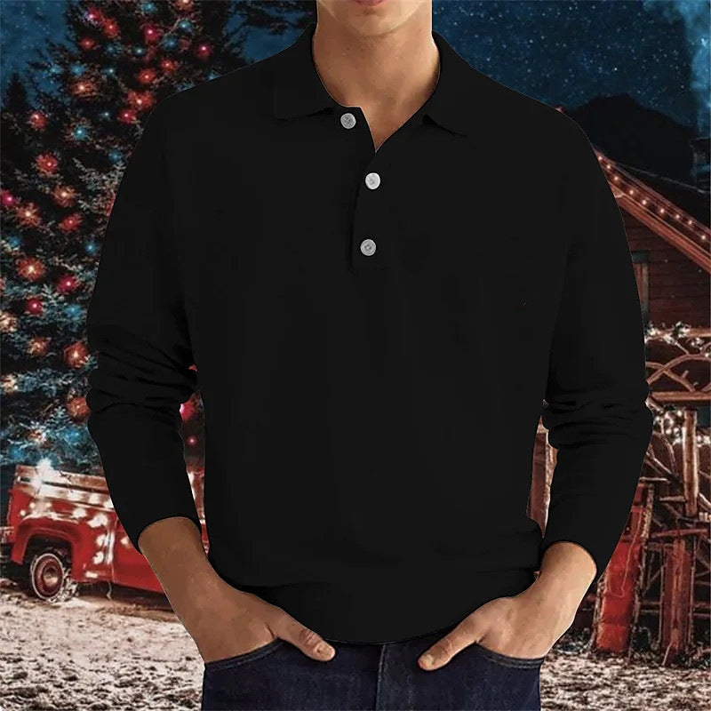 Spring Long Sleeve V-neck Button Men's Casual Top Polo Shirt