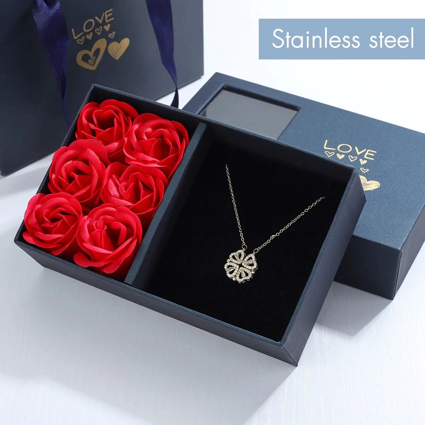 Coffret cadeau rose Collier d'herbe à quatre feuilles Collier coeur pour fête d'anniversaire Fête des mères Saint Valentin Noël Cadeaux pour petite amie